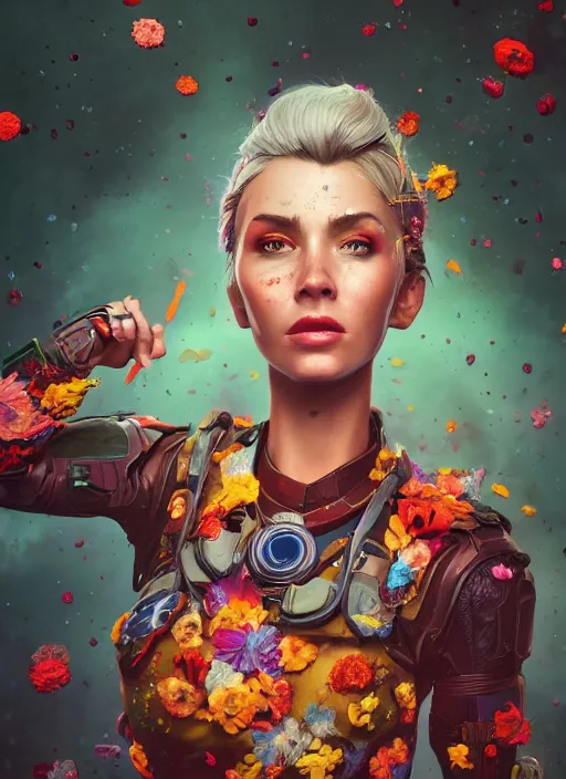 Image similar to An epic fantastic realism comic book style portrait painting of the most beautiful woman in the universe, flowers rain everywhere, fisheye lens, Apex Legends Concept Art, unreal 5, DAZ, hyperrealistic, octane render, cosplay, RPG portrait, dynamic lighting