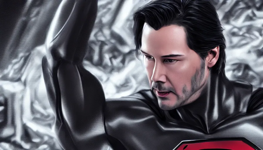 Image similar to Keanu Reeves is Superman in black and silver suit, hyperdetailed, artstation, cgsociety, 8k