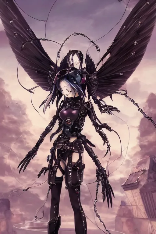 Image similar to Beautiful pale warhammer 40000 goth anime girl with mechanical wings and many wires, masterpiece 4k digital illustration by Artgerm, ghibli, Makoto Shinkai, highly detailed, trending on artstation, pixiv, award winning,