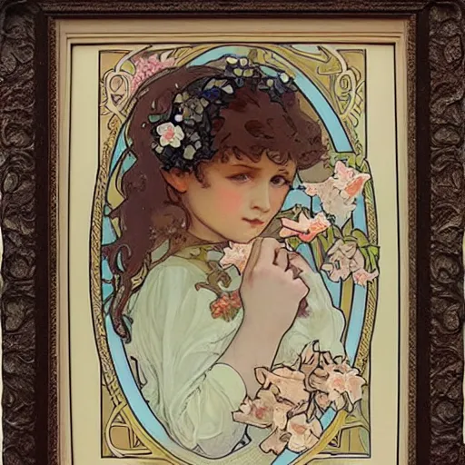 Prompt: art nouveau painting by Alphonse Mucha of a little girl with curly brown hair framed by flowers. Soft, muted colors, dreamy aesthetic.