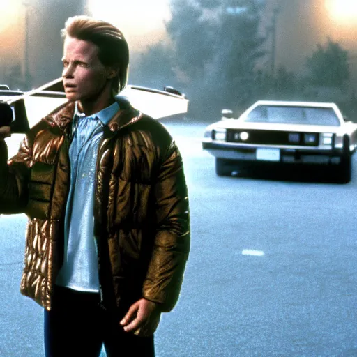 Image similar to arnold schwarzenegger as marty mcfly in the movie back to the future, movie still 8 k hdr atmospheric lighting