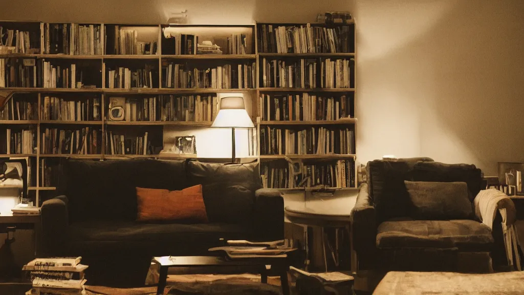 Prompt: a room in darkness with a couch and a small shelf with book lit by a dim light.