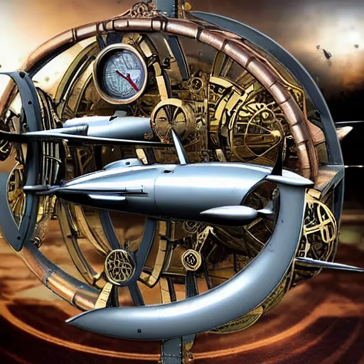 Prompt: A mechanical gyroscope airplane with a train crashing into the back of it, steampunk, style