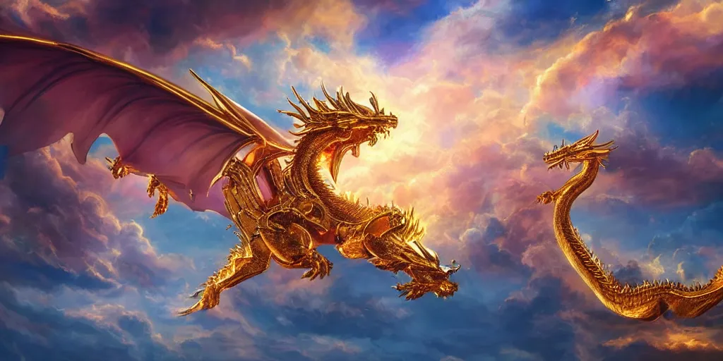 Prompt: a professional photographic view picture of a giant glowing golden dragon flying in the heavenly sky,photographic filter unreal engine 5 realistic hyperdetailed 8k ultradetail cinematic concept art volumetric lighting, fantasy artwork, very beautiful scenery, very realistic painting effect, hd, hdr, cinematic 4k wallpaper, 8k, ultra detailed, high resolution, artstation trending on artstation in the style of Albert Dros glowing rich colors powerful imagery nasa footage drone footage drone photography