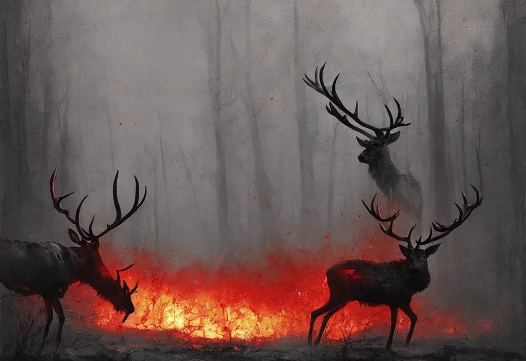 Image similar to a stag inside a burning heart, artstation, jakub rozalski, high detail, dramatic lighting