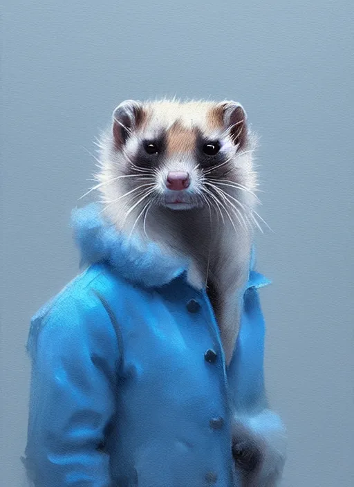 Image similar to very detailed masterpiece painting of a ferret wearing a fuzzy blue coat, portrait, artstation, concept art by greg rutkowski