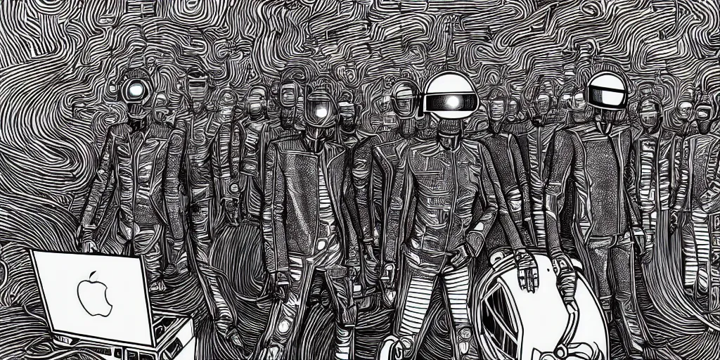 Image similar to intricate detailed artwork of 2 Daft Punk robot rock using Apple notebook Macbook at an underground warehouse rave in Ibiza, playing techno house music, thousands of beautiful girls in bikini dancing, in the style of Moebius, wires, speakers, black and white ink, some ink drips, sharp details