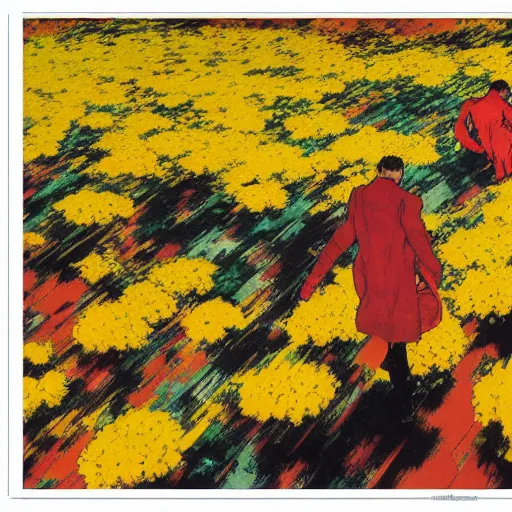 Image similar to 2 people in red desert drowning in a sea of yellow flowers, highly detailed, intricate, surreal, painting by Franz Marc, part by Yoji Shinkawa, part by Norman Rockwell
