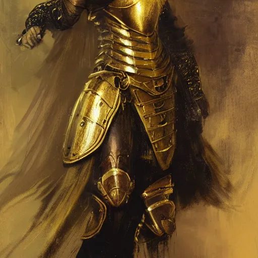 Image similar to young redheaded woman, wearing black and gold ornamental medieval armour, detailed, by gaston bussiere, bayard wu, greg rutkowski, giger, maxim verehin, greg rutkowski, masterpiece, sharp focus, illustration, highly detailed, digital painting, concept art, matte, natalie dormer