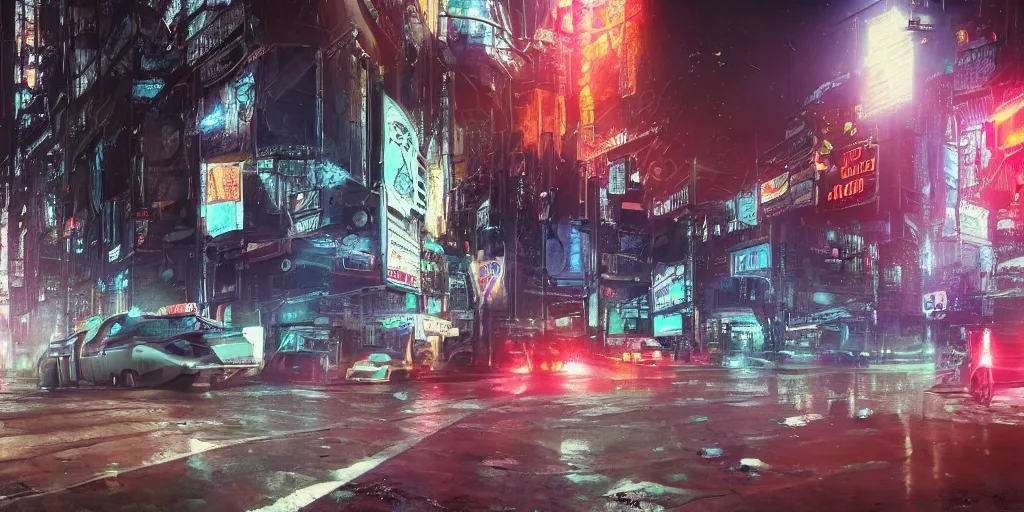 Image similar to a guatemalan solitary cyberpunk city with neon ads and signs with evocative dramatic mood with blade runner vibe with cars and floating vehicles with motion blur with depth of field with bloom with lightshaft with volumetric lights, fog, by jeremy mann, oscar winning graphics, photo realistic, bloom, imax, dynamic lighting, artstation,