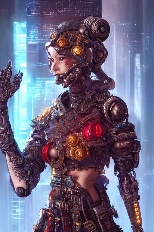 Prompt: Portrait of a cyberpunk cyborg , D&D, sci fi fantasy, intricate, gold and red, richly detailed colored , art by Range Murata, highly detailed, 3d, octane render, bright colors, digital painting, trending on artstation, sharp focus, illustration style of Stanley Artgerm,