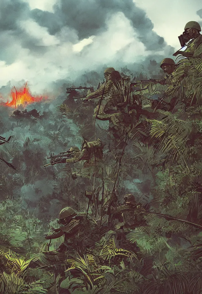 Image similar to handmade illustration of an epic Vietnam war scene with only one american soldiers stand still, the jungle at the background, some smoke and fire, blue sky with dramatic clouds, line art, ink, watercolor by Kilian Eng and by Jake Parker, heavy brushstrokes, winning-award masterpiece, fantastic, octane render, 8K HD Resolution, High quality image