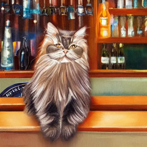 Image similar to of a british longhair cat sitting at the bar next to a beer, cinematic. intricately detailed acrylic painting