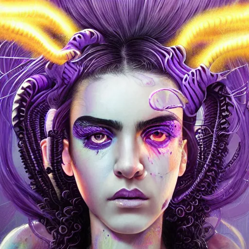 Image similar to detailed photo portrait of a furious teen girl with thin, hair-like purple tentacles on her head and bright purple eyes, 8k,by tristan eaton, Stanley Artgermm,Tom Bagshaw,Greg Rutkowski,Carne Griffiths,trending on DeviantArt, face enhance,hyper detailed ,full of colour, dramatic lightning