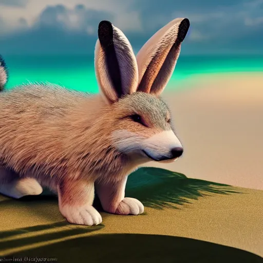 Image similar to a photorealistic adorable chubby charming but vicious fennic fox wolf rabbit hybrid, with long floppy rabbit ears, wearing bows on the top of its head, grinning at the camera with a mischievous look, sharp teeth, happy lighting, at a tropical beach
