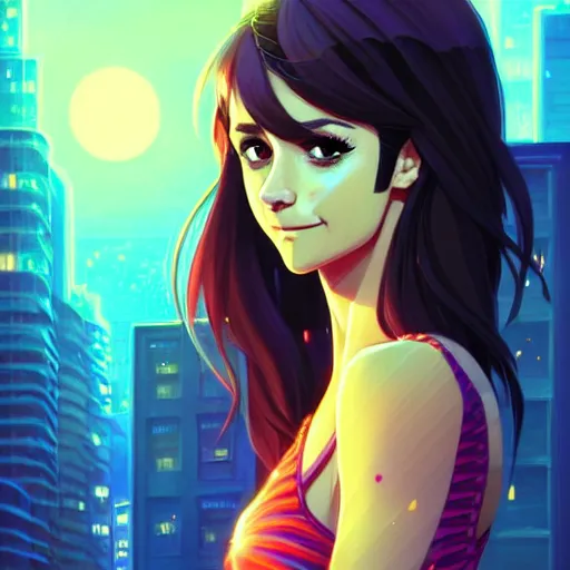 Image similar to a beautiful nina dobrev, nightime, apartment background, intricate, highly detailed, digital painting, artstation, official media, anime key visual, concept art, rich vivid colors, ambient lighting, sharp focus, illustration, art by Artgerm, Makoto Shinkai, Ilya Kuvshinov, Lois Van Baarle, and Rossdraws