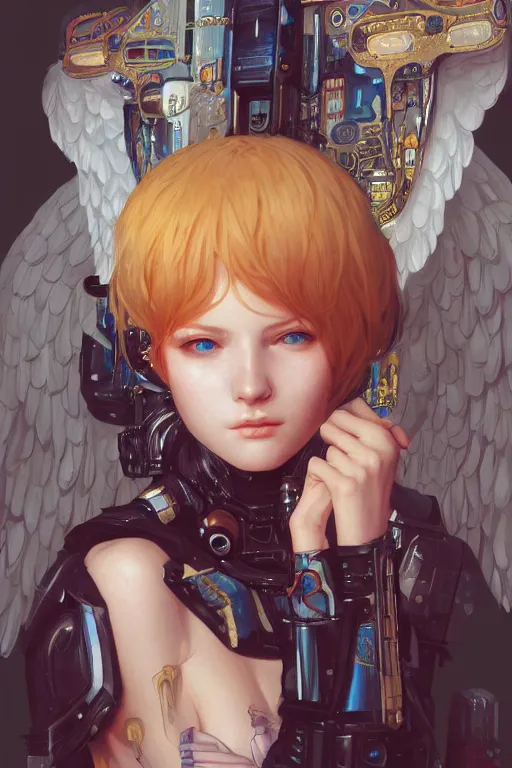 Image similar to portrait of beautiful young angel, cyberpunk, Warhammer, highly detailed, artstation, illustration, art by Gustav Klimt and Range Murata and Ilya Kuvshinov and Sakimichan