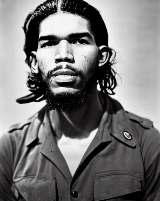 Prompt: Portrait of Jayson Tatum, Jayson Tatum as Che Guevara, Guerilla Heroica, Black and White, Photograph by Alberto Korda, inspiring, dignifying, national archives