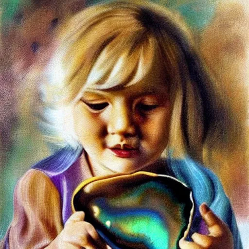 Prompt: A 2 year old girl playing with small abalone shells, blond hair. Painting by Salvador Dali