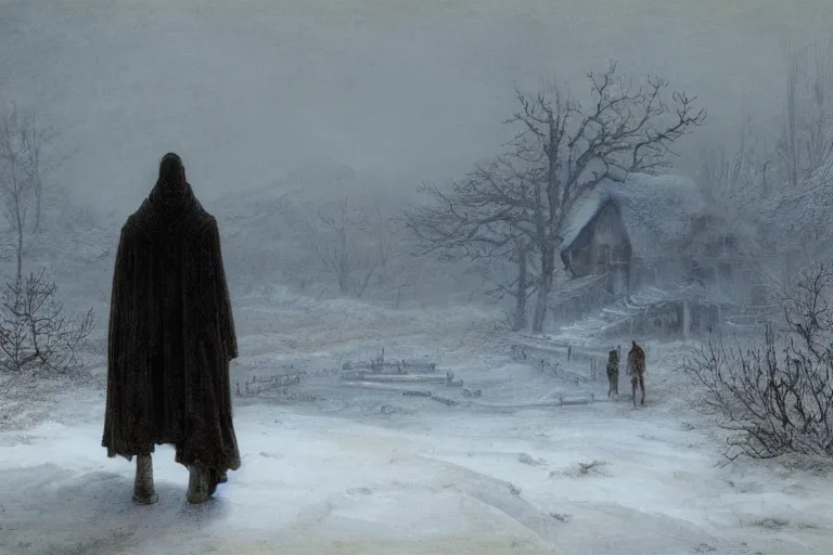 Prompt: A cloaked wanderer walking by the burnt husk of a cabin in a snowy landscape, matte oil painting, fantasy, exquisitely detailed, gothic, by Caspar David Friedrich and Makoto Shinkai