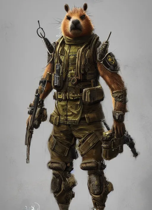 Image similar to detailed full body concept art illustration oil painting of an anthropomorphic capybara military in full intricate clothing, biomutant, dystopian, ultra detailed, digital art, octane render