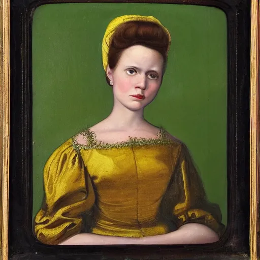 Prompt: a renaissance oil painting of a portrait of a young woman from the fifties, without eyebrows, seated in front of a landscape, wears a dark green dress, with yellow sleeves, with gold interlacing and embroidery at the neckline, a translucent black veil covers the finely curly hair, her arms are bent and her hands crossed