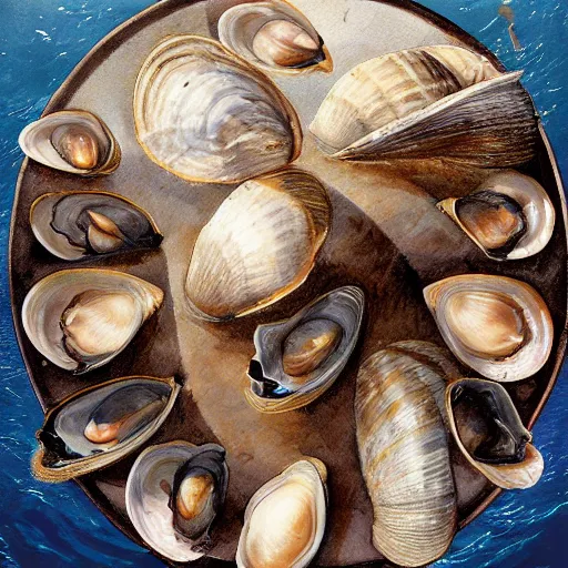 Prompt: bivalve, sea shell, mystery of the deep, quahogs. greg rutkowski, gustavo dore, national geographic, spiral, mollusc