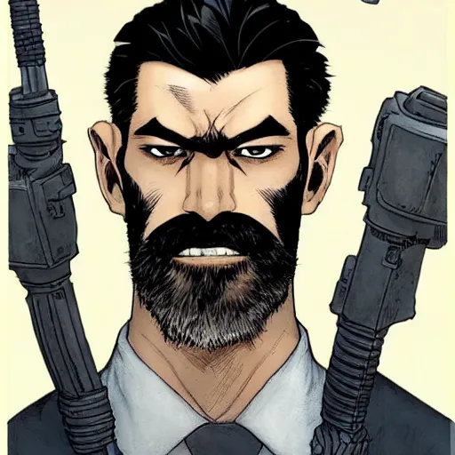 Prompt: portrait of a greying pale vampire police officer with short hair and a patchy beard, close up, grimy streets backdrop, highly detailed, sharp focus, perfect eyes, art by russell dauterman and patrick gleason