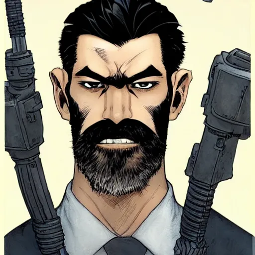 Image similar to portrait of a greying pale vampire police officer with short hair and a patchy beard, close up, grimy streets backdrop, highly detailed, sharp focus, perfect eyes, art by russell dauterman and patrick gleason