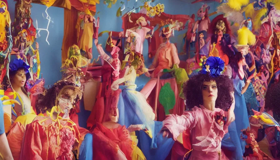 Image similar to movie still by alejandro jodorowsky of a beautiful day in a family art room in a suburban usa, visible magic energy, pretty dream creature costumes, mystical cult ritual, big magic parade float, cinestill 8 0 0 t eastmancolor technicolor, high quality, very detailed, heavy grain, fine facial features, 8 k, octane render