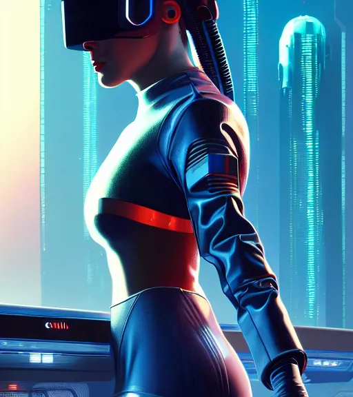 Image similar to cable plugged in, side of head, very very beautiful woman, cyberdeck computer terminal, chrome jacket, 1 9 7 9 omni magazine cover, style by vincent di fate, cyberpunk 2 0 7 7, very coherent, detailed, 4 k resolution, unreal engine, daz