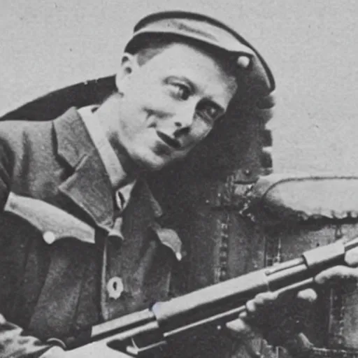 Image similar to old wartime photograph of elon musk holding a lewis gun, 1 9 1 7