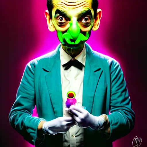 Image similar to mr. bean mad scientist psychopath making extremely silly faces, conjuring up mysterious colorful potions, glows, 3 point lighting, portrait by gaston bussierre and charles vess and james jean and erik jones and rhads, epic, funny, beautiful fine face features, intricate high details, sharp, ultradetailed