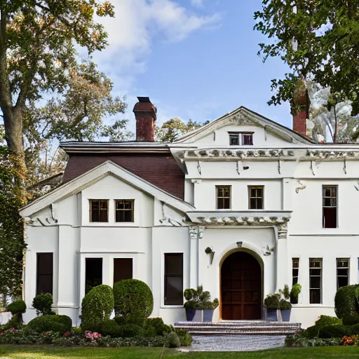 Image similar to stucco tudor with wood and tile white being mansion by mcalpine house, by jackson & leroy architects