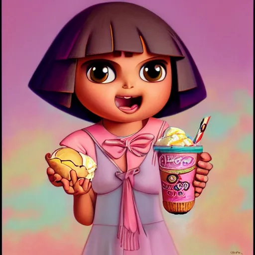 Prompt: dora the explorer as real girl holding ice cream, detailed, intricate complex background, Pop Surrealism lowbrow art style, muted pastel colors, soft lighting, by Mark Ryden and mucha, artstation cgsociety