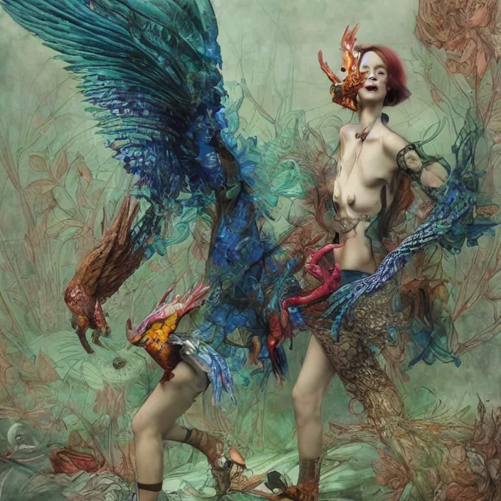 Image similar to a fashion editorial of sadie sinkwith hooves as a brightly colored eagle amphibian hybrid with wet translucent mutated skin. wearing a mutated organic dress. by tom bagshaw, donato giancola, hans holbein, walton ford, gaston bussiere, peter mohrbacher, brian froud and iris van herpen. 8 k, cgsociety