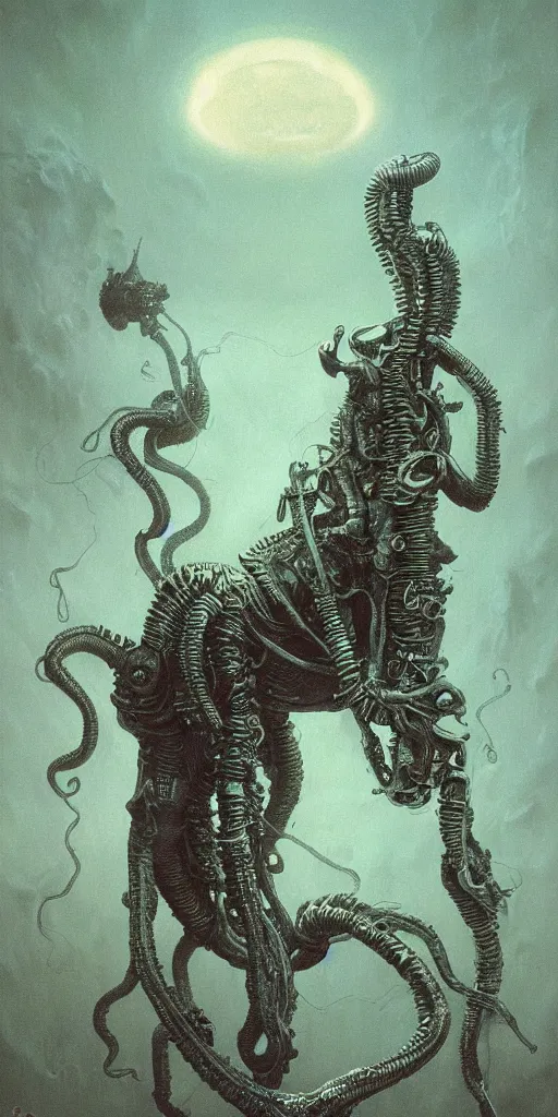 Image similar to alien astronaut with long tentacles, by beksinski, dynamic composition, dramatic lighting, hyperrealistic, ultra detailed, nitro colors