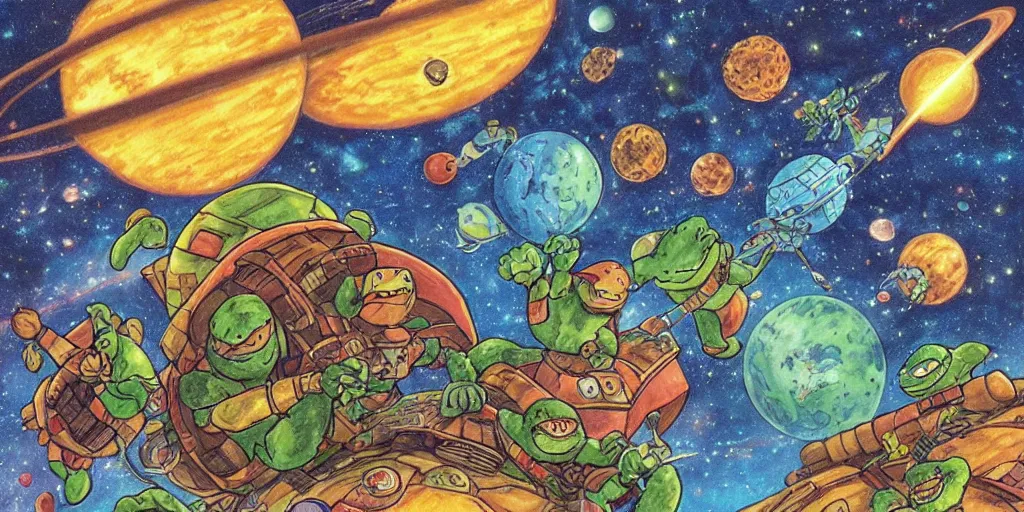 Image similar to 🐢🗺 great a'tuin flying through space carrying discworld by kirby