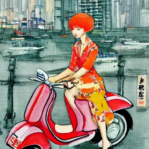 Image similar to the orange - haired vespa queen in hong kong, by amiet kuno and coby whitmore