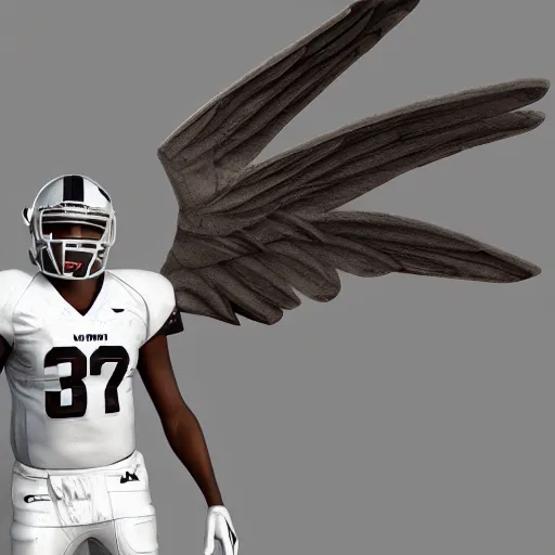 Prompt: american football player with wings, photorealistic, cinematic still, 8 k, ultra detailed, 3 d render, unreal engine