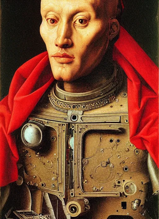 Prompt: a portrait of cyborg king connected to a brain-machine interface by Jan van Eyck, renaissance style