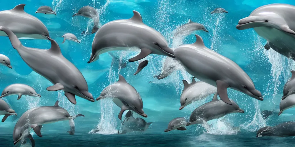 Image similar to sirens of the sea with other dolphins and sea creatures in their underwater kingdom, ultrarealistic, 4 k