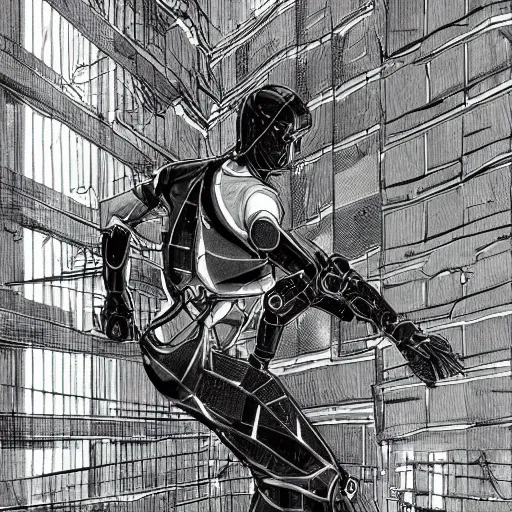 Prompt: nimble cybernetic exoskeleton running at an angle through a dilapidated cityscape drawn by Kevin siembada