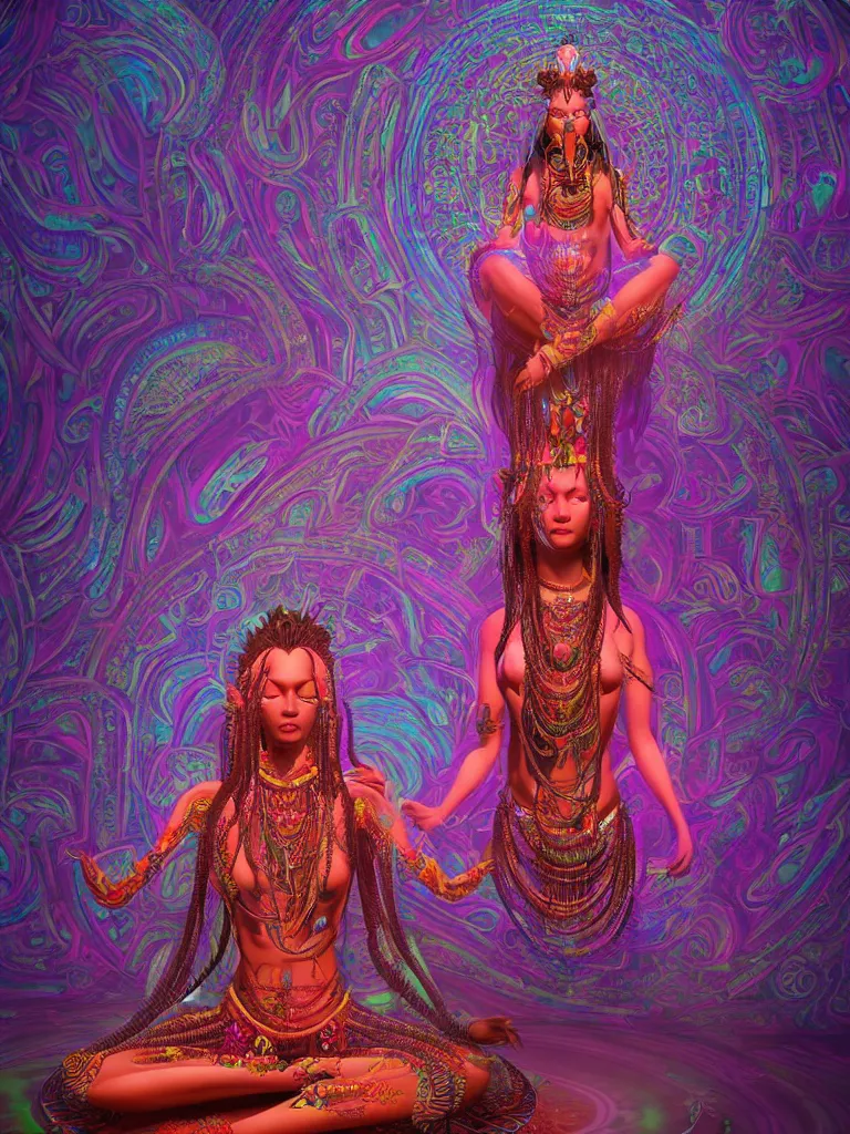 Image similar to a centered render of an alluring tribal goddess meditating in a mystical psychedelic temple, full body, gorgeous face, perfect face, powerful, by viktoria gavrilenko, 3 d, trending on artstation, octane render, 8 k