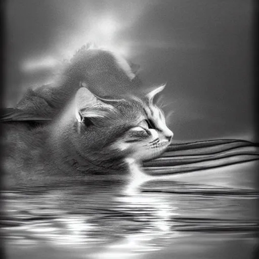 Image similar to Cat with angel wings drinking from a pond, digital artstyle drawn, trending on fiverr, 40nm lens, shallow depth of field,