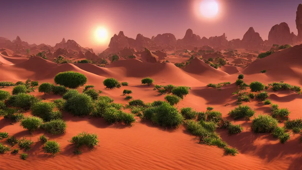 Image similar to The Sahara desert slowly being taken over by plants, fantasy artwork, very very very beautiful scenery, hd, hdr, ue5, ue6, unreal engine 5, cinematic 4k wallpaper, 8k, ultra detailed, high resolution, artstation, award winning