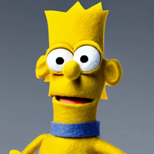 Image similar to bart simpson as a muppet with yellow skin, pointy hair, orange tshirt. highly detailed felt. hyper real photo. 4 k.