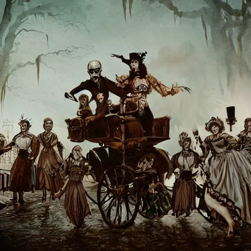 Prompt: a caravan of victorian undead