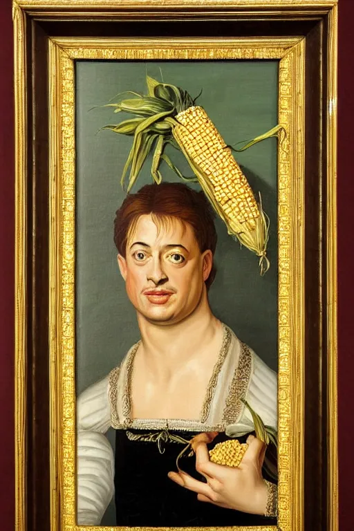 Image similar to a 1 6 0 0 s framed portrait painting of brendan fraser holding corn, intricate, elegant, highly detailed