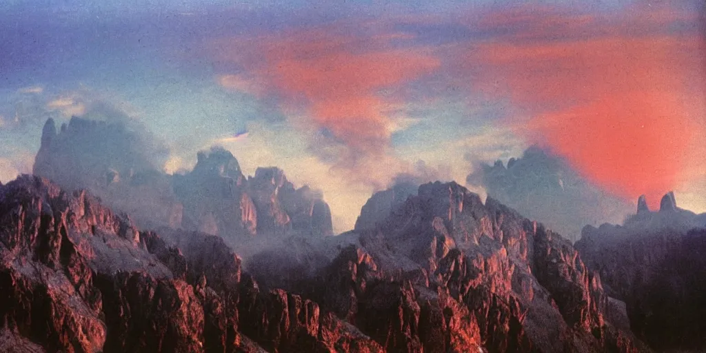 Prompt: 1 9 2 0 s color spirit photography 9 1 1 1 2 1 of alpine red sunrise in the dolomites, smoke from mountains, sun rising, by william hope, beautiful, dreamy, grainy